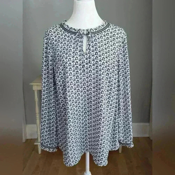 Talbots Blue White Birdcage Long Sleeve Blouse Size 1X - Picture 2 of 6